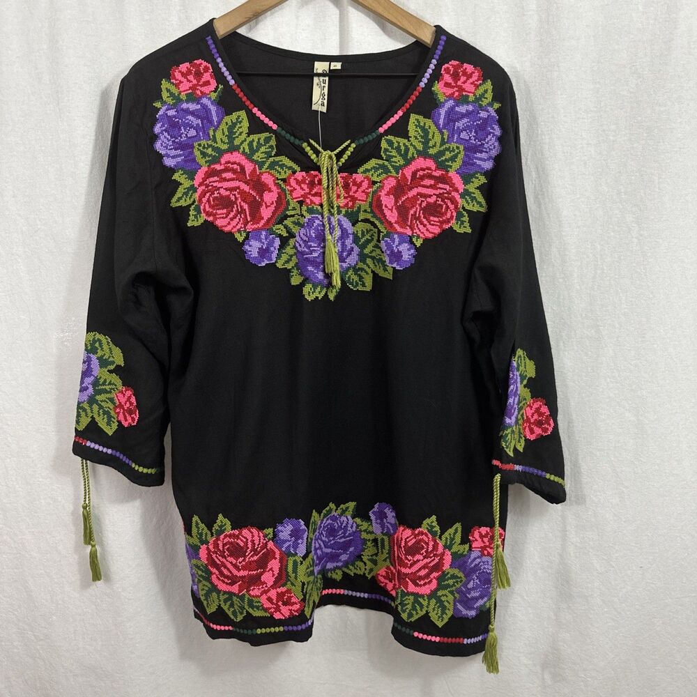 Durga Black Floral Embroidered Colorful Tassel Cottagecore Boho Top Womens Sz L